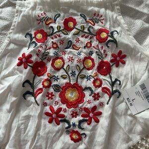 Forever 21 White Embroidered Floral Tank Top with Red & Yellow Accents